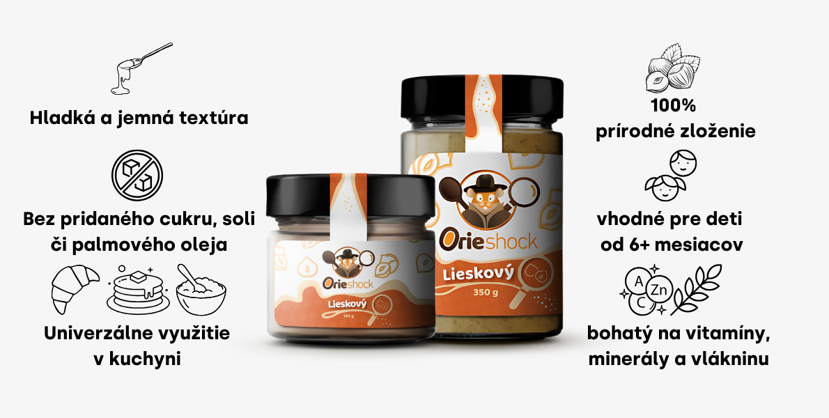 Orieshock lieskový orechové maslo v dvoch veľkostiach (180g a 350g) - hladká textúra, bez pridaných cukrov a olejov, univerzálne použitie v kuchyni, bohaté na vitamíny a minerály.