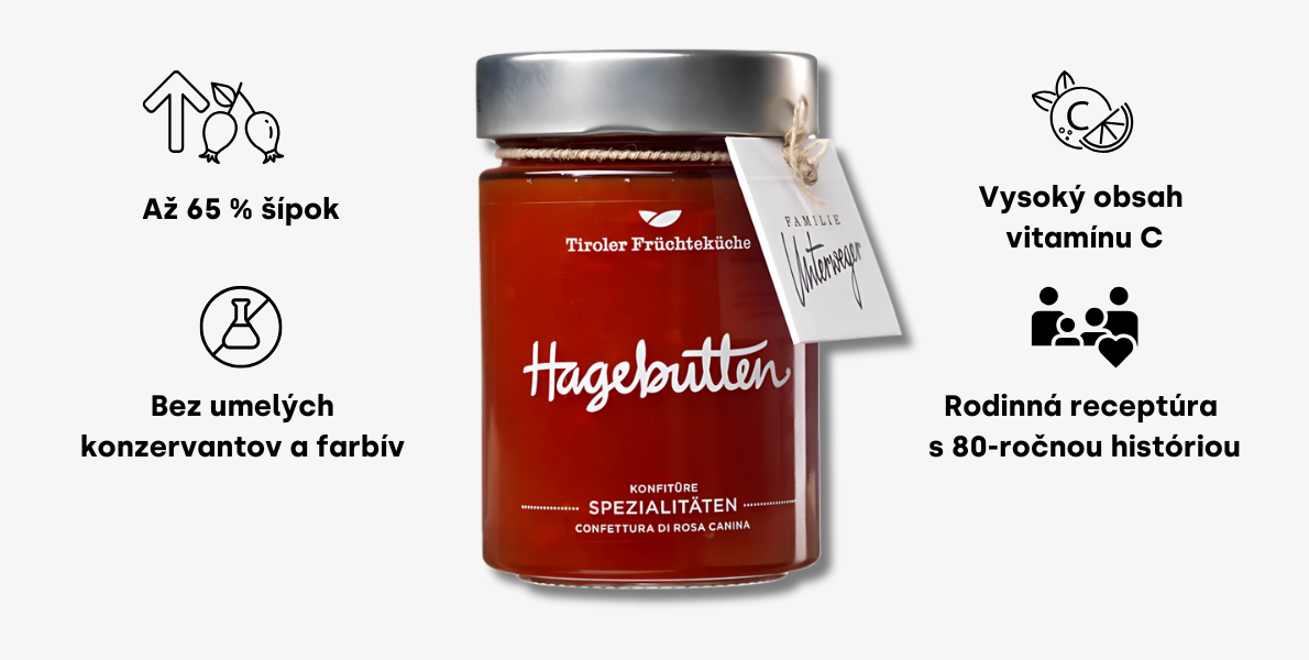UWE šípkový džem s obsahom až 65% ovocia, bez pridaných farbiv a konzervantov s vysokým obsahom vitamínu C vyrábaná podľa tradičnej receptúry rodinnej firmy z Tirolska.