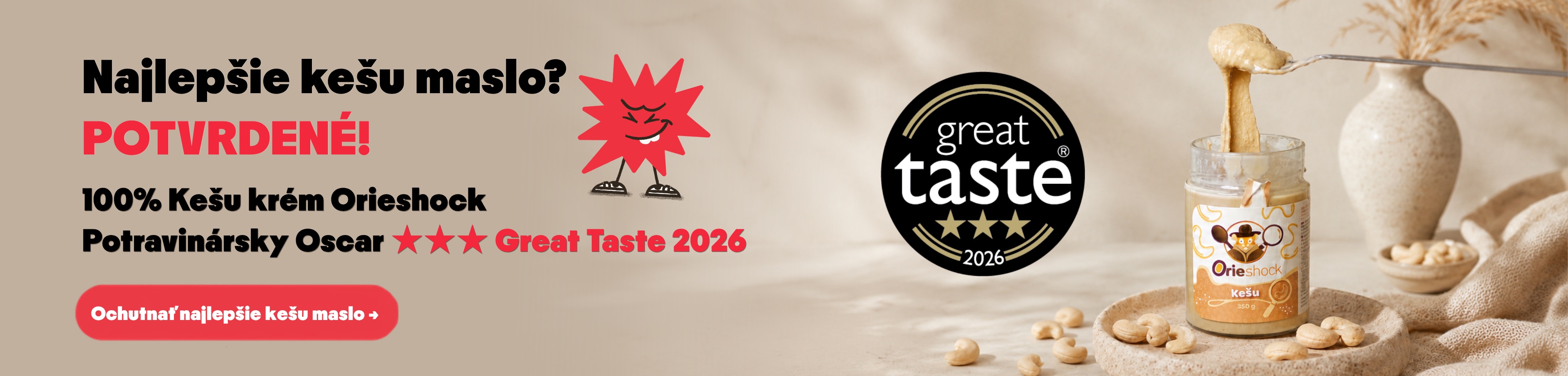 Víťaz prestížneho ocenenia Great Taste 3 hviezdičky 100% kešu krém Orieshock hlavný banner